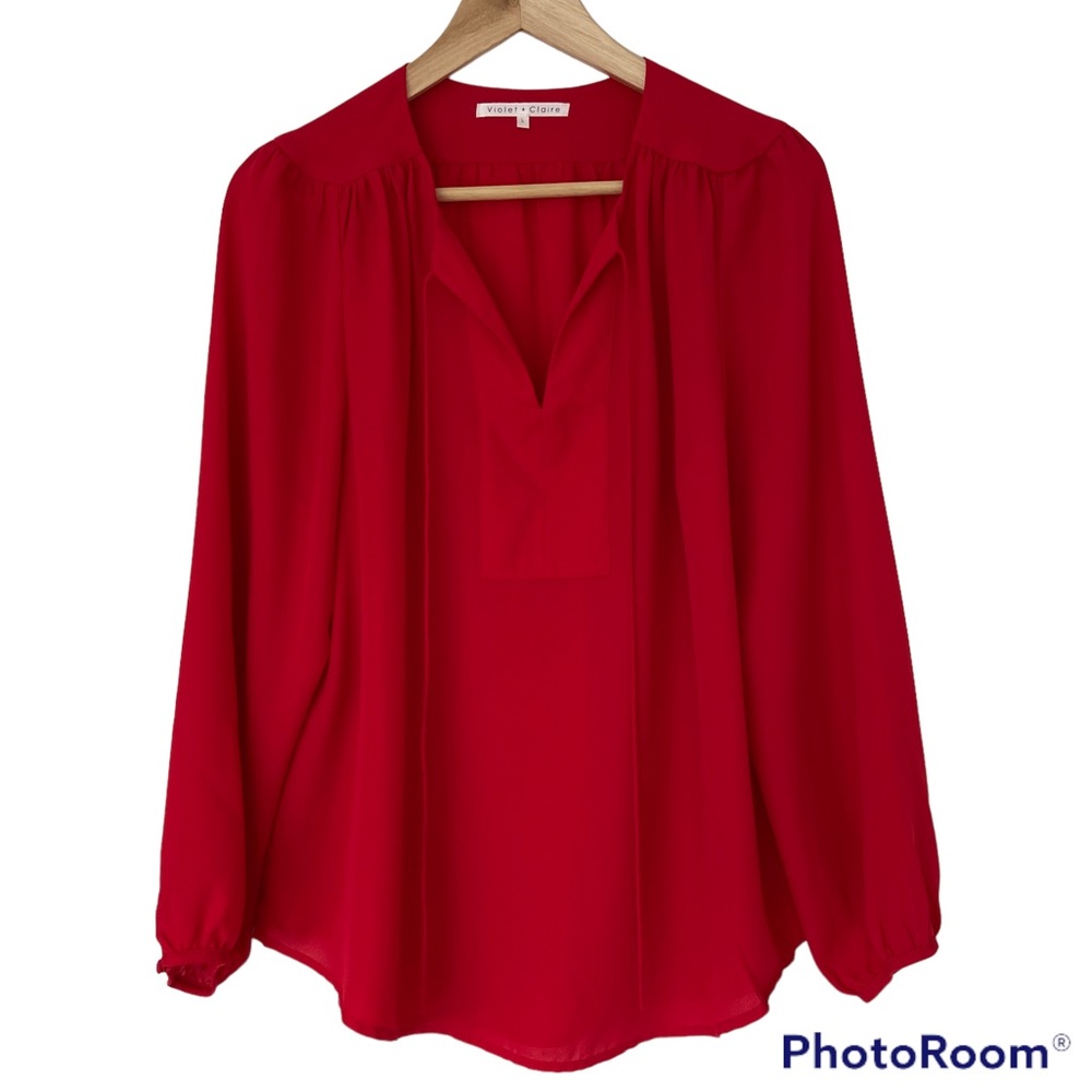 VIOLET & CLAIRE RED V NECK BLOUSE WITH YOKE AND BISHOP SLEEVES, LARGE